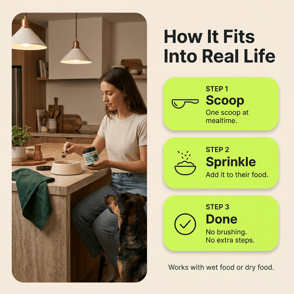 Cleaner teeth. Fresher breath. One scoop on their food.