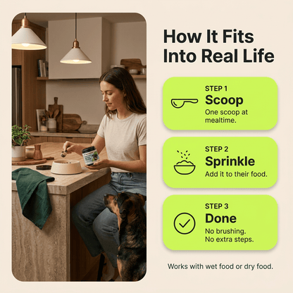 Cleaner teeth. Fresher breath. One scoop on their food.